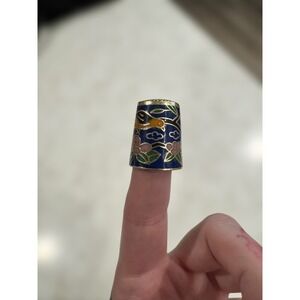 Vintage Cloisonné Thimble Sewing Collectible Blue Gold Floral‎ Rabbit Design